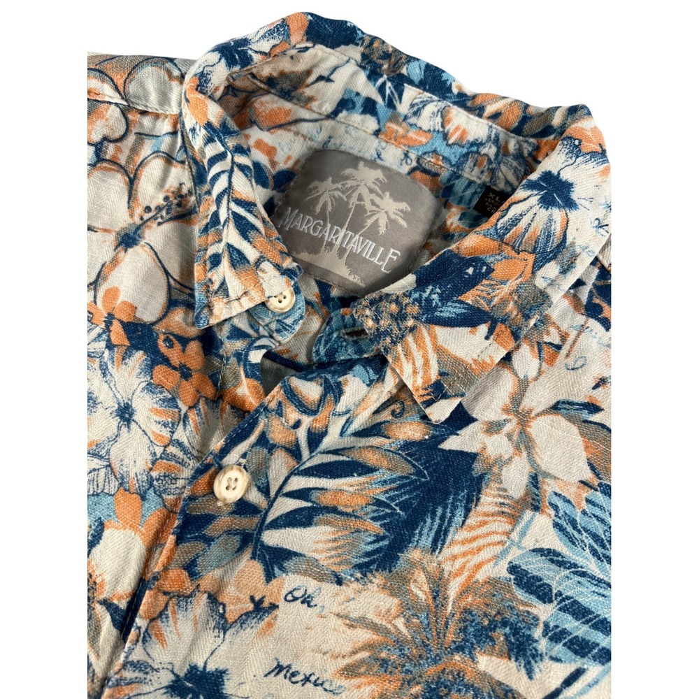 Margaritaville Mens XL Silk Linen Tropical‎ Floral Hawaiian Shirt Blue Orange